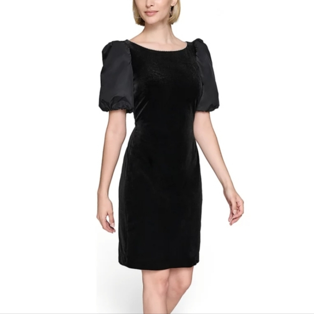 Karl Lagerfeld Paris Velvet Sheath Dress W/ Taffeta Puff Sleeves: Black: Size-14